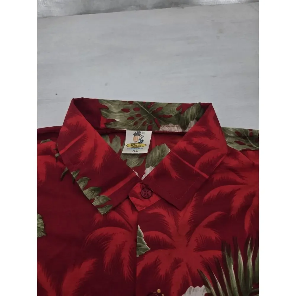 Rima Mens XL Button Up Hawaiian Shirt Red Floral Palms Short Sleeve Aloha